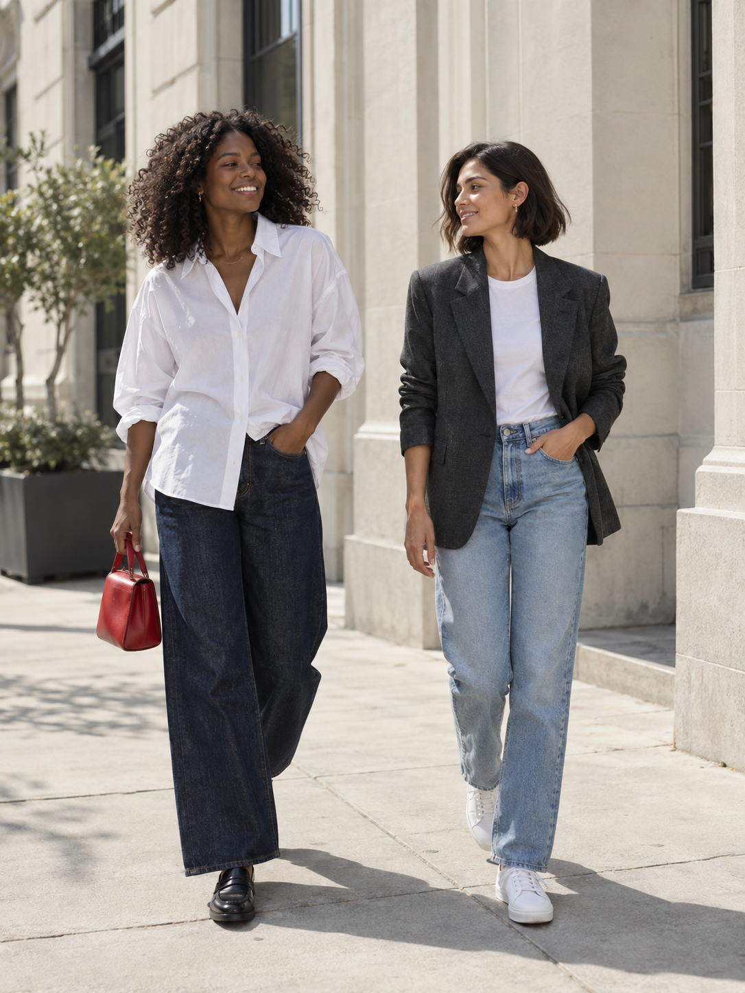 Two women in denim outfits, a white shirt and a charcoal blazer.