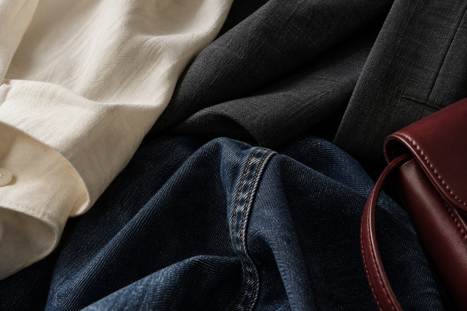 Close-up of ivory cotton, charcoal suiting and indigo denim.