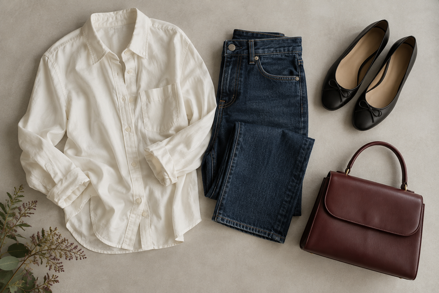 Neutral wardrobe pieces with a burgundy accessory.